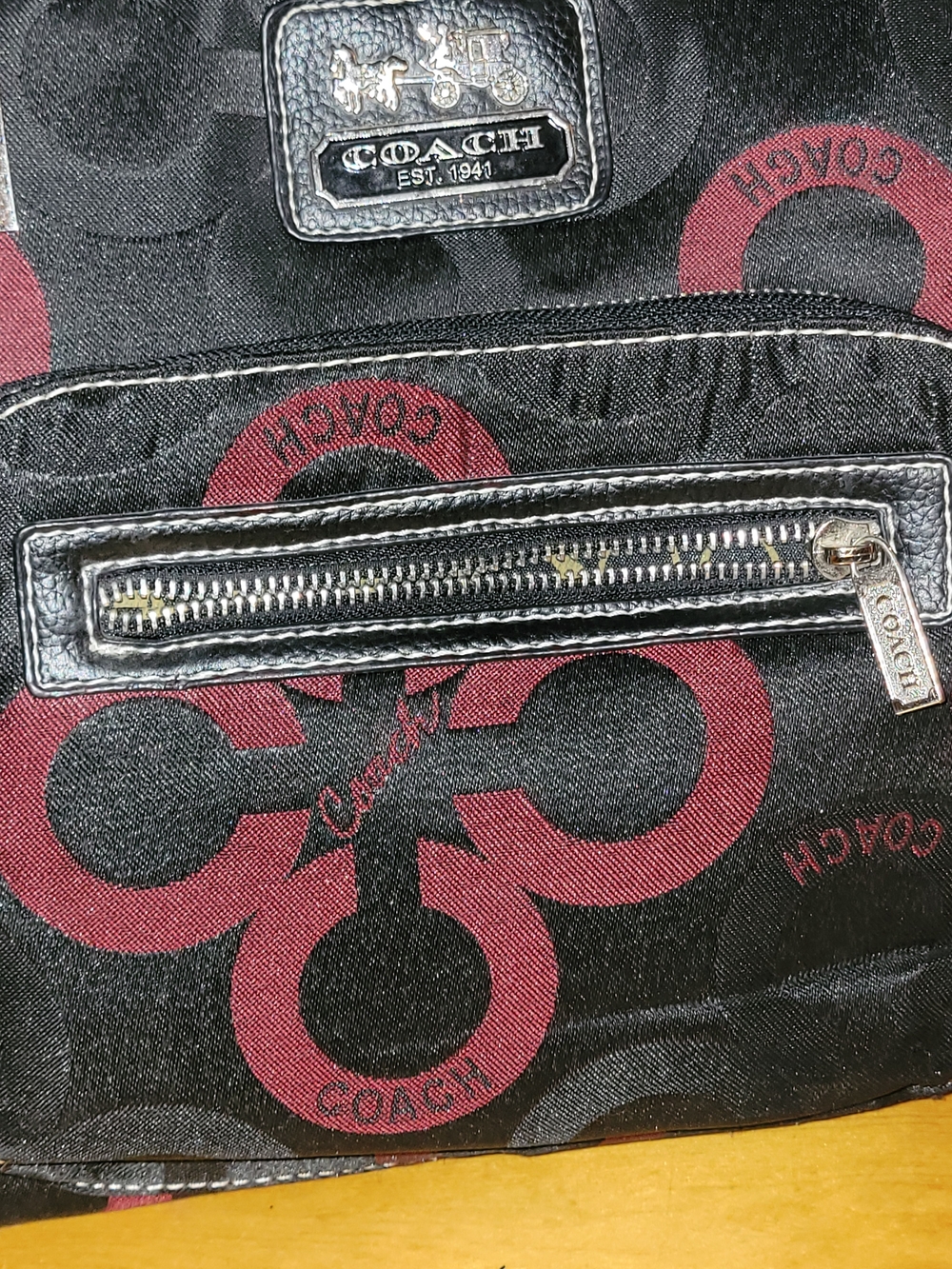 Coach Black Canvas Tote with Burgundy Signature 'C' Pattern - Picture 7 of 13